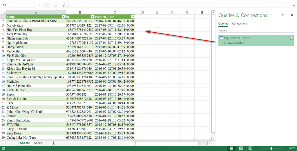 Dữ liệu phim đã được tải vào Excel