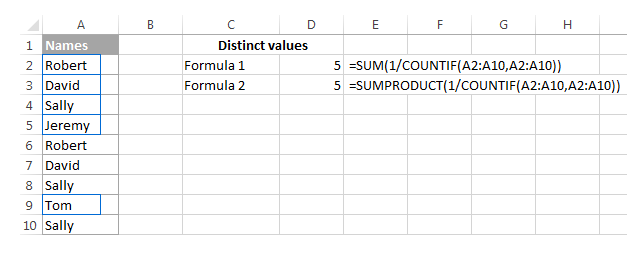 Ví dụ đếm giá trị khác biệt