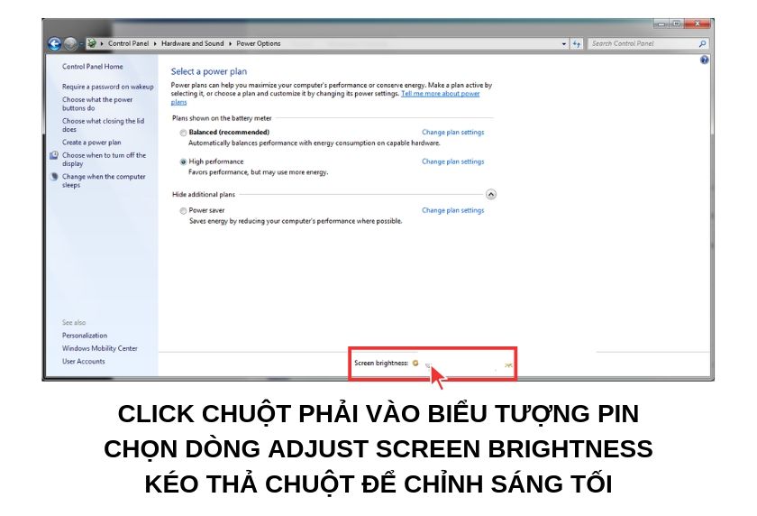 Điều chỉnh độ sáng màn hình laptop qua Power Options