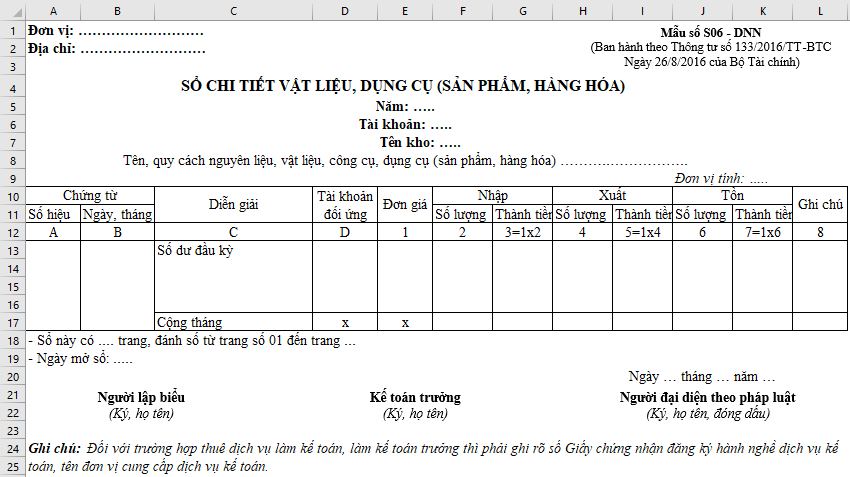 Mẫu sổ chi tiết vật liệu, dụng cụ