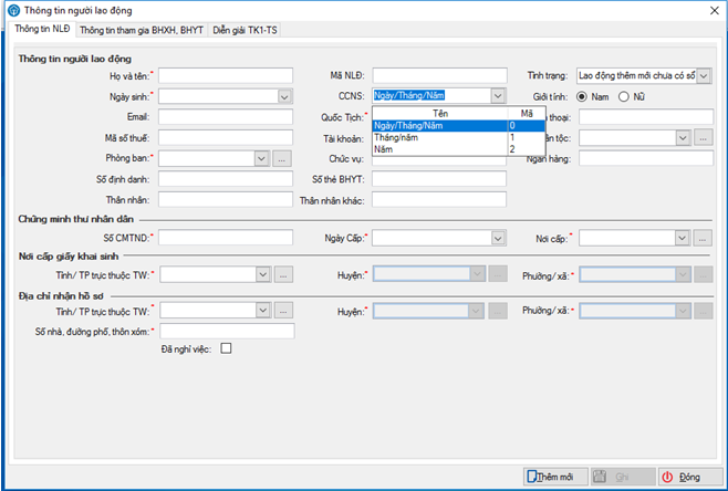 Màn hình Thêm mới lao động