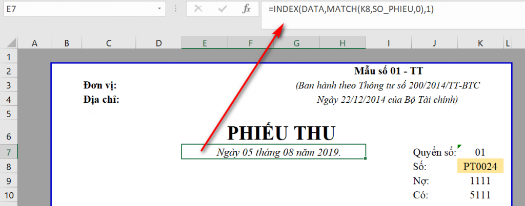 Công thức sử dụng hàm INDEX và MATCH để lấy ngày tháng