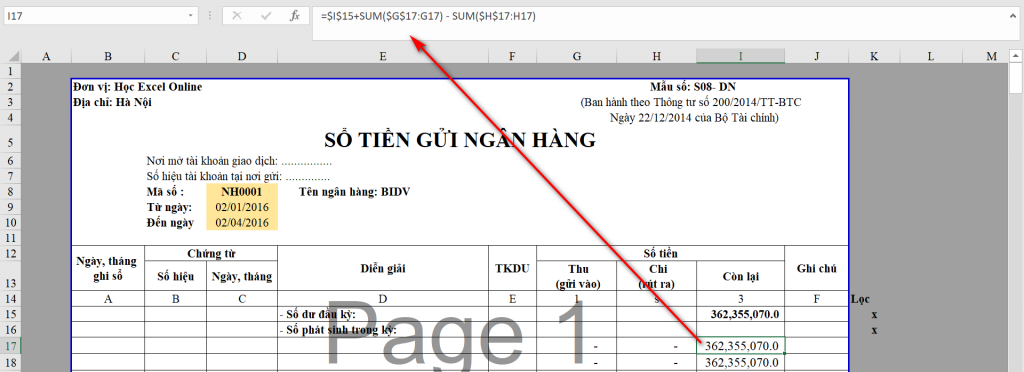 Hướng Dẫn Lập Sổ Kế Toán Chi Tiết Tiền Gửi Ngân Hàng Trong Excel Tính số dư cuối kỳ