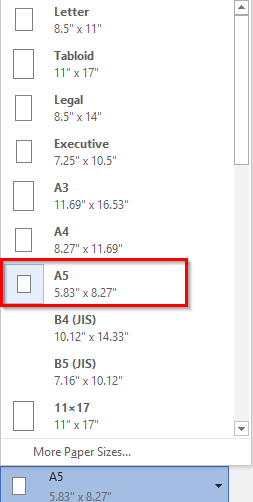 Microsoft Word Page Setup dialog showing paper size selection