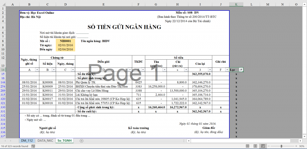 Hướng Dẫn Lập Sổ Kế Toán Chi Tiết Tiền Gửi Ngân Hàng Trong Excel Kết quả