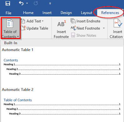 Cửa sổ Table of Contents trong Word