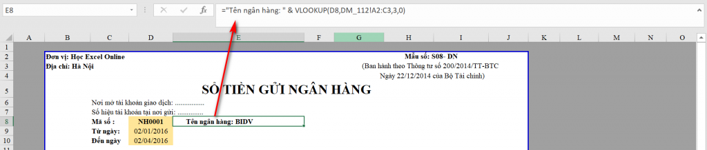 Hướng Dẫn Lập Sổ Kế Toán Chi Tiết Tiền Gửi Ngân Hàng Trong Excel Lấy tên ngân hàng