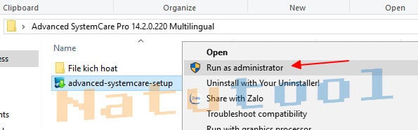 Chạy file setup Advanced SystemCare 14 Pro với quyền quản trị