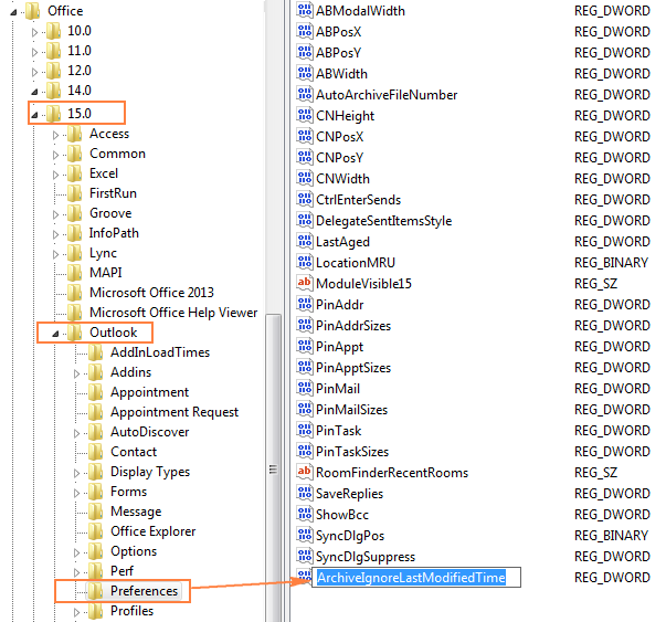 Registry Editor showing the ArchiveIgnoreLastModifiedTime key