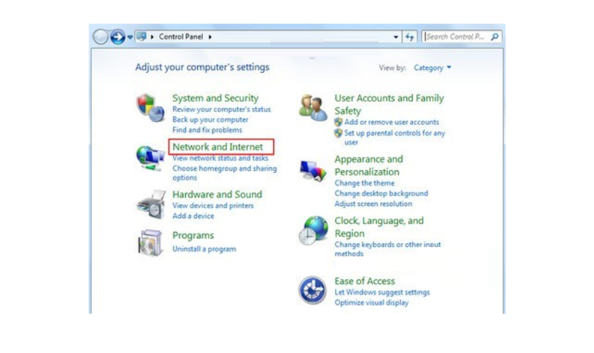 Mở Network and Internet trong Control Panel