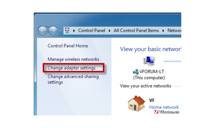 Truy cập Change adapter settings từ Network and Sharing Center