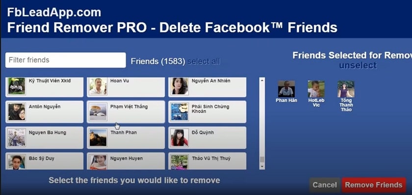 Danh sách bạn bè trên Friend Remover Pro
