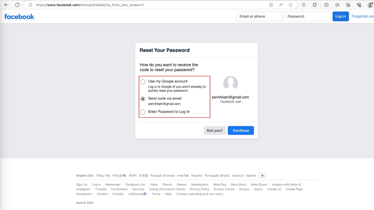 Sử dụng tuỳ chọn Default Facebook Recovery
