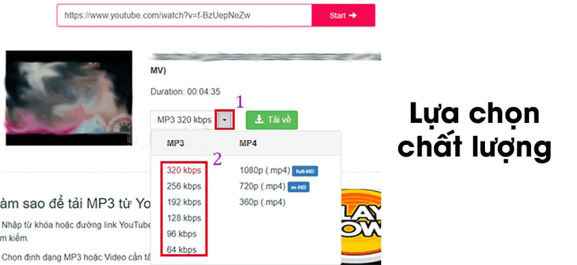 Chọn chất lượng MP3 trên y2mate