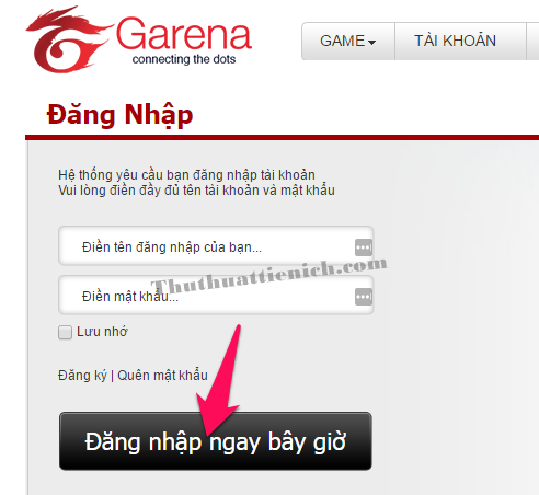 Giao diện đăng nhập tài khoản Garena