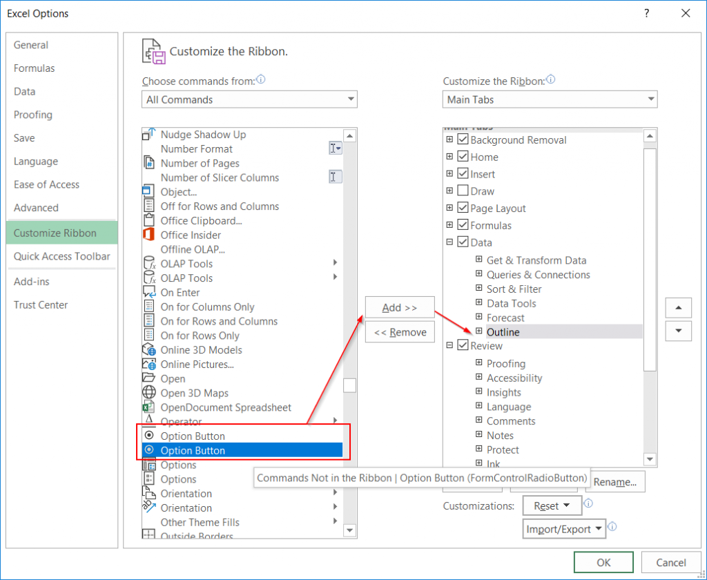 Excel Options window displaying how to add commands to the customized ribbon