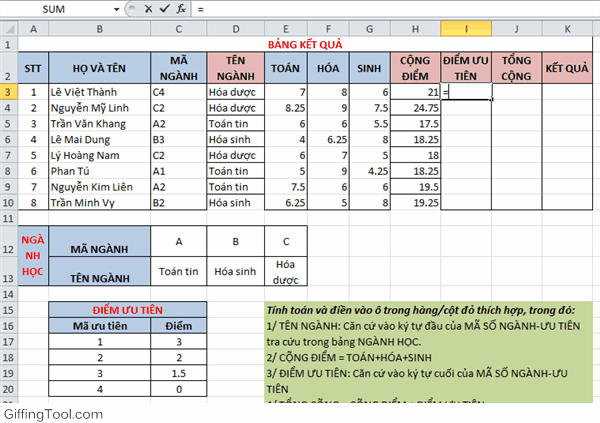 Kết quả sau khi sử dụng hàm VLOOKUP để tìm điểm ưu tiên