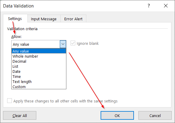 alt text: Chọn Any value trong Data Validation