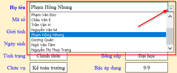 Selecting employee name from dropdown menu in cell B3