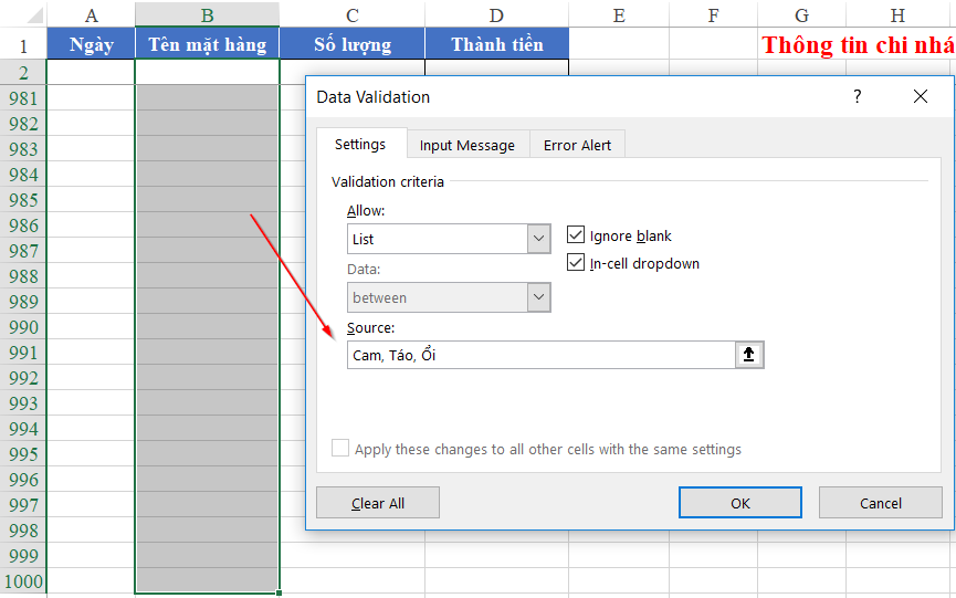 Setting up Data Validation for a specific range of cells instead of the whole column