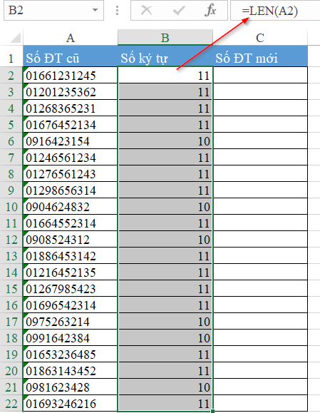 Đếm số ký tự bằng hàm LEN