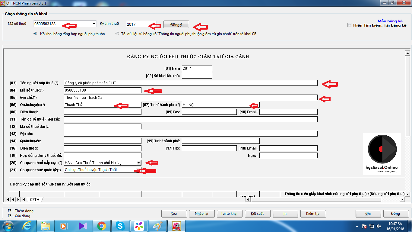 Alt text: Nhập thông tin trên ứng dụng HT QTT TNCN 3.3.1