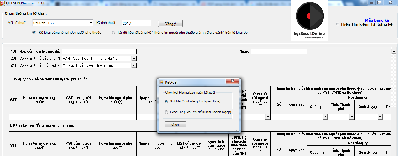 Alt text: Kết xuất hồ sơ trên ứng dụng HT QTT TNCN 3.3.1