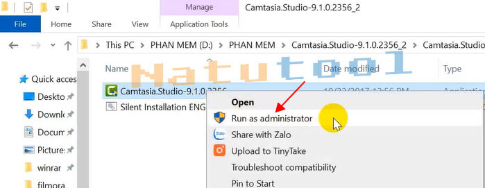 Chạy file cài đặt Camtasia 9 trên Windows 10 với quyền quản trị