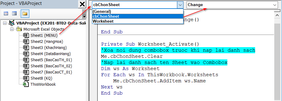 Chọn sự kiện Combobox Change