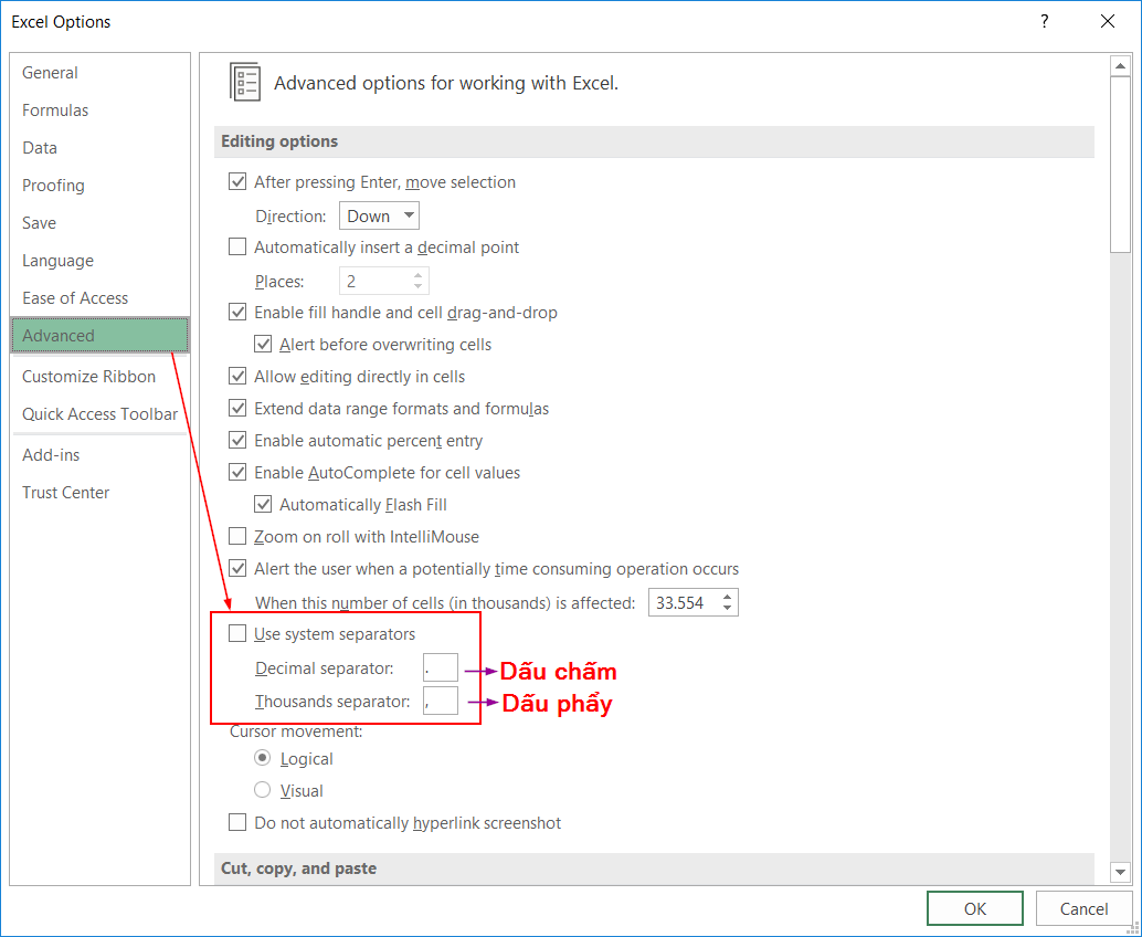Thay đổi dấu ngăn cách trong Excel