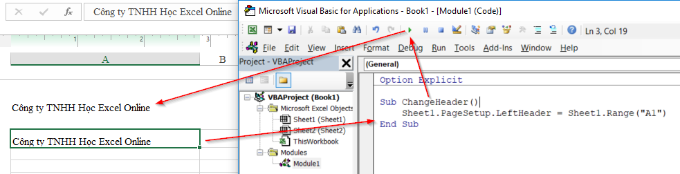 Gán nội dung ô A1 vào LeftHeader