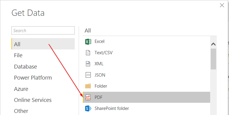 Lựa chọn nguồn dữ liệu PDF trong Power BI