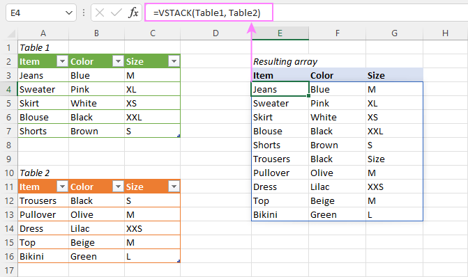Gộp bảng trong Excel với VSTACK và HSTACK