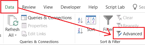 Vị trí nút Advanced Filter trong tab Data