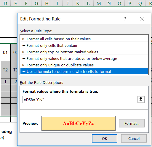 Thiết lập Conditional Formatting