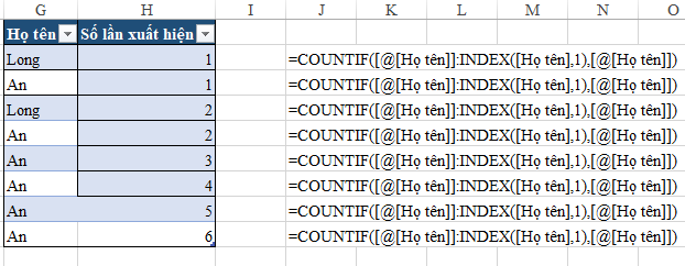 Excel Table showing the correct result using the INDEX and Structured Reference combination