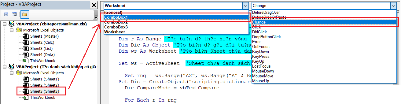 Tạo Combobox Phụ Thuộc Nhau Trong Excel Với VBA Chọn sự kiện Change