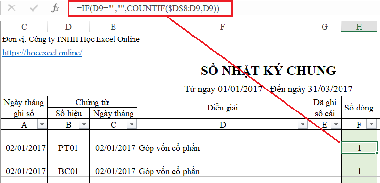 Đếm số chứng từ trong sổ Nhật ký chung bằng hàm COUNTIF