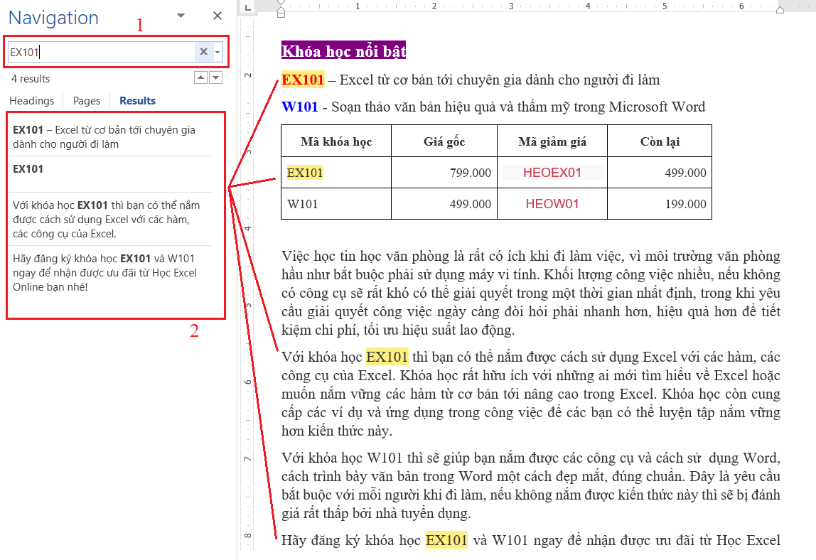 Hướng dẫn tìm kiếm văn bản trong Word Kết quả tìm kiếm trong Word