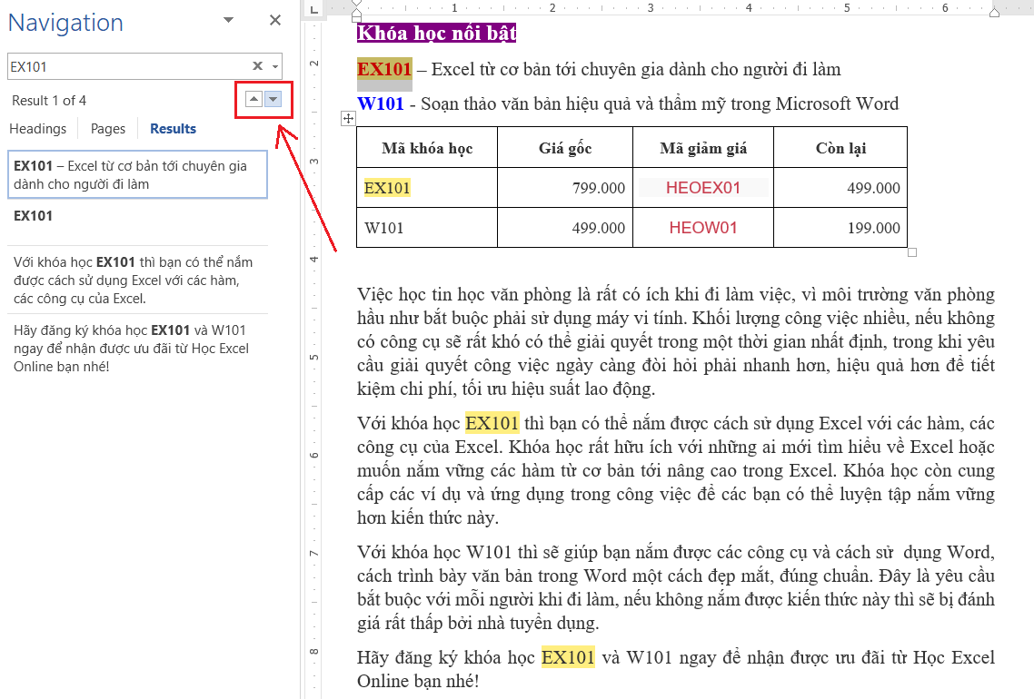 Hướng dẫn tìm kiếm văn bản trong Word Di chuyển giữa các kết quả tìm kiếm