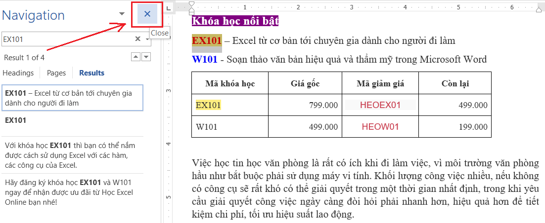 Hướng dẫn tìm kiếm văn bản trong Word Đóng bảng tìm kiếm