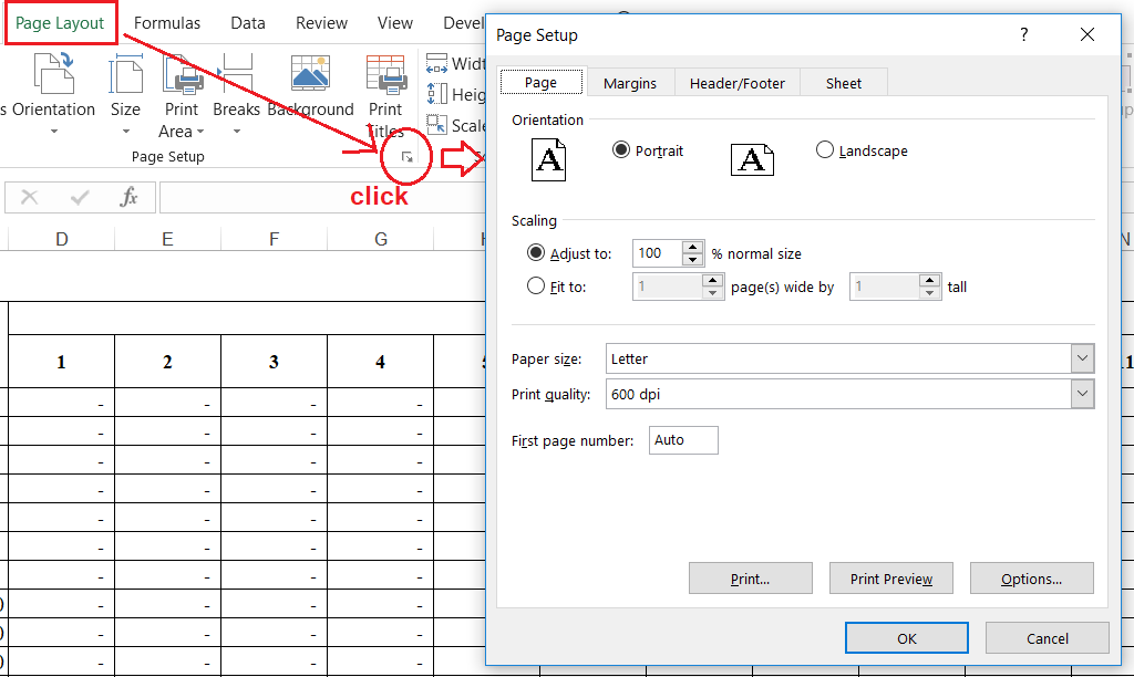 Page Layout tab in Excel showing the arrow to open the Page Setup dialog box