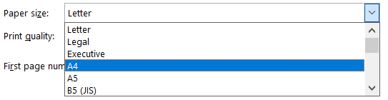 Selecting A4 from the Paper size dropdown menu in Excel Page Setup