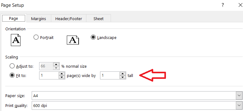 Excel Page Setup window showing the Scaling option set to Fit to 1 page wide by 1 tall