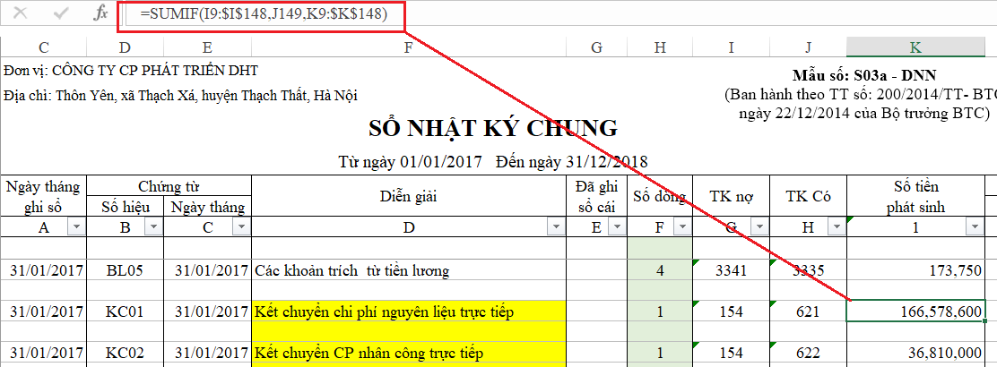 Kết chuyển số dư cuối kỳ bằng hàm SUMIF