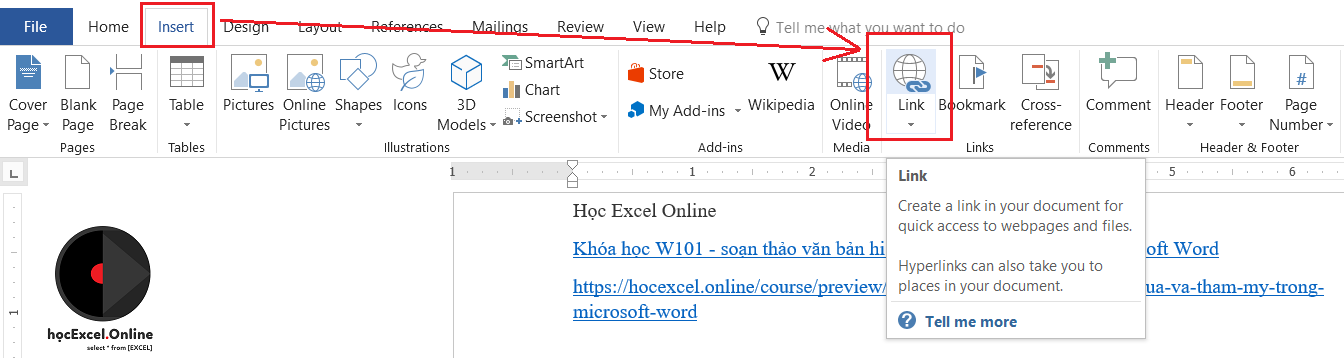 Chèn liên kết qua tab Insert