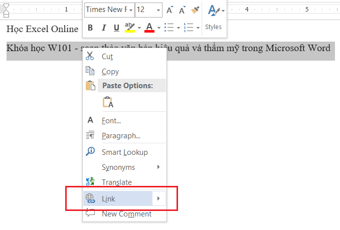 Chèn liên kết bằng chuột phải