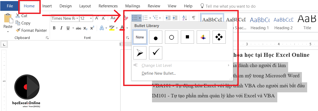 Chọn kiểu ký hiệu đầu dòng