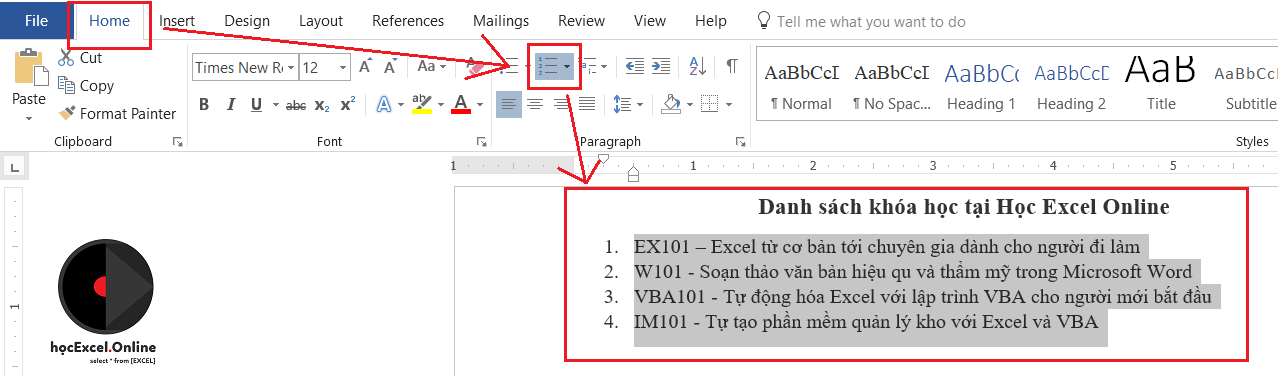 Chọn kiểu đánh số thứ tự