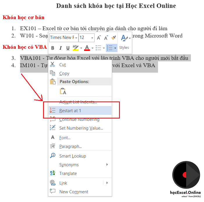 Đặt lại số thứ tự từ 1